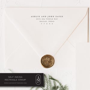May include: A white envelope with a gold wax seal and a self-inking rectangle stamp. The envelope is addressed to Ashlie and John Eaves, 4576 Sea Turtle Way, Dallas, Texas 77002.