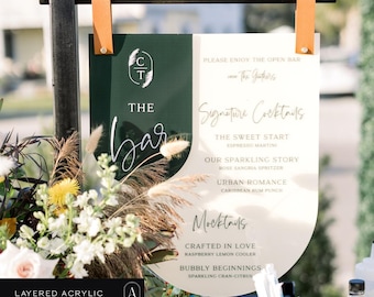 Layered Acrylic Wedding Bar Sign: Personalized Event Menu with Leather Straps