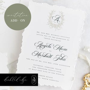 May include: A white wedding invitation with torn edges, featuring elegant calligraphy. The invitation includes the names Angela Marie and Marshall John, along with the wedding date and location. A green circle with the text "invitation ADD-ON" is in the upper left corner.