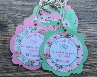 Tea Party Favor Tags - Tea Party Birthday - Teapot/Teacup Birthday Tags - Pink/Mint - Shabby Chic Tea Party - Vintage Tea Party Favor Tags