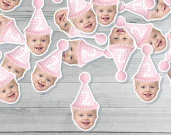 Photo Face Gingham Party Hat Confetti – Pastel Party – Custom Baby Birthday Photo Confetti - 1st, 2nd Birthday - Spring Table Scatter -50pcs