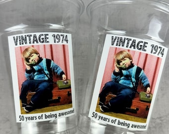 Vintage 1975 Birthday Plastic Cups - 50th Birthday Photo Party Cups - Vintage Photo Cups - Custom Face Plastic Cups - Any Year - Photo Cups