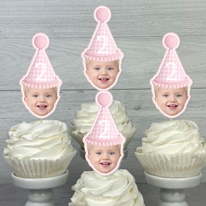 Gingham Birthday Hat Cupcake Toppers - Baby Photo Face Party Decor - Pastel Gingham Birthday - Custom Face on Sticks - 12 Cupcake Food Picks