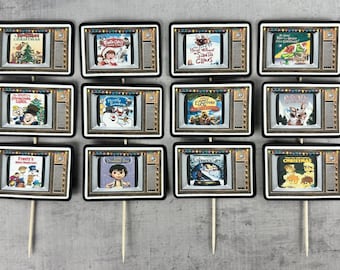 Vintage Christmas TV Specials Cupcake Toppers - Retro Christmas Cartoons -Classic Holiday TV Toppers - Retro Holiday Party -60s, 70s, 80s TV