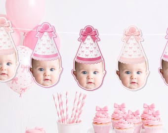 Pink Bow Birthday Photo BANNER - Baby Photo Face Party Decor - Girls Just Wanna Be One - Pink 1st Birthday - Girly Custom Face Banner - 8ft
