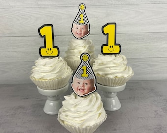 Smiley Face Party Custom Face Cupcake Toppers - One Happy Dude Birthday - Boy Face Toppers - Happy One Birthday - Two Happy - 12 toppers set