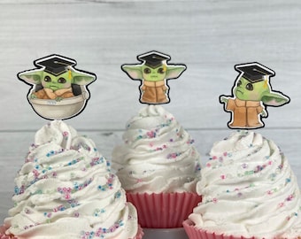 The Child Graduation Cupcake Toppers - Baby Alien Grad Toppers - The Child is a Grad -Graduation Toppers -Graduation Party-The Child Toppers