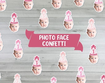 Pink Bow Birthday CONFETTI - Baby Photo Face Party Decor - Girls Just Wanna Be One - Pink 1st Birthday - Girly Custom Face Cutouts - 50pcs