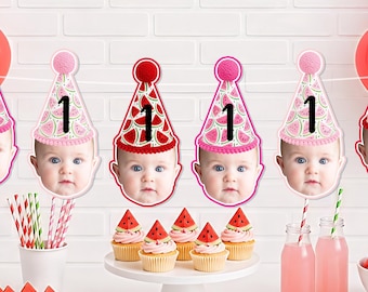 Watermelon Photo Face BANNER - One In A Melon Birthday Decor - Pink/Red Watermelon Garland - Custom Face Banner - Personalized Party Banner