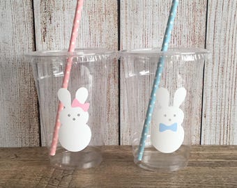 Bunny Party Cups - Gender Reveal Party - Disposable Plastic Cups w/Lids+Straws - 16oz.- Bunny Baby Shower - Birthday - Choose Quantity