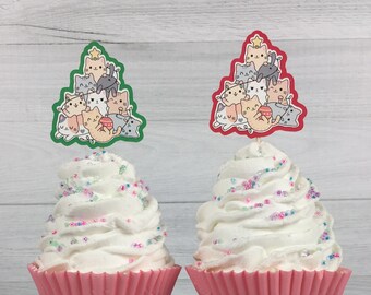 Cat Christmas Tree Cupcake Toppers - Kitty Christmas Cupcake Toppers - Meowy Birthday - Meowy Christmas -Cat Toppers -Christmas Cat Birthday