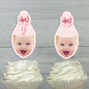 Pink Bow Photo Face Toppers -Coquette Pink Party -Girly Bow Cupcake Toppers -Ribbons and Lace -Pink Bow Birthday -Pink Lace Coquette Toppers