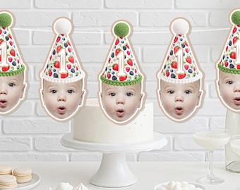 Berry Party Hat Photo BANNER - Baby Photo Face Banner - Mixed Berry - Custom Face Garland - Berry First Birthday Banner - Summer Berries