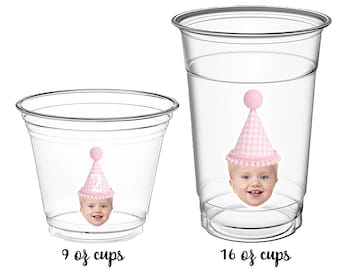 Custom Photo Face Party Cups with Gingham Party Hat (choose color) - Personalized Birthday Cups - 9oz or 16oz Clear Disposable Cups