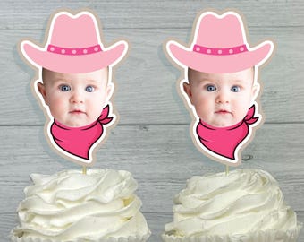 Cowgirl Cupcake Toppers - Photo Face Cowgirl Toppers - Western Party - My First Rodeo - Custom Face Rodeo Toppers - Little Cowgirl Birthday