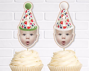 Berry Party Hat CUPCAKE TOPPERS - Baby Photo Face Toppers - Mixed Berry - Custom Face Picks - Berry First Birthday Food Picks - Summer Berry