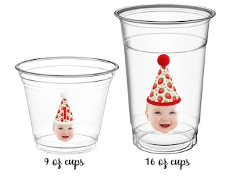 Strawberry Hat Photo Face CUPS - Birthday Party Cups - Berry 1st Birthday-Summer Fruit Party -Custom Favor Cups -9oz or 16oz Disposable Cups