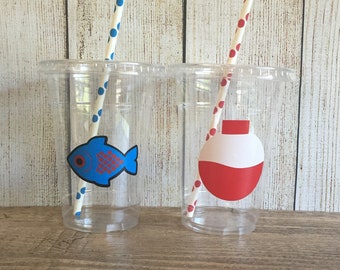 Fishing Party Cups - The Big ONE - Fishing Birthday - Camping Party -  Disposable Cups w/Lids and Straws - 16oz.- Choose Quantity, 24-50