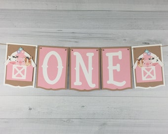 Barn Highchair Banner - Farm Birthday - Farm Animal Banner - Pink Barn Banner - Red Barn Banner - Choose Colors - Age Banner - Choose Age