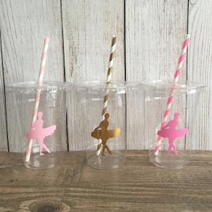 Ballerina Party Cups Ballerina Birthday Pink/Gold Ballerina Disposable Cups w/LidsStraws 16oz. Ballet Party Choose Qty, 24-50 pcs image 1