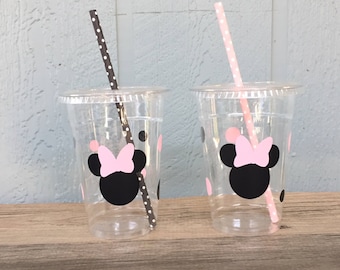 Minnie Mouse Party Cups - Light Pink & Black - Disposable Plastic Cups w/Lids+Straws -16oz.- Minnie Birthday - Choose Colors+Quantity, 24-50