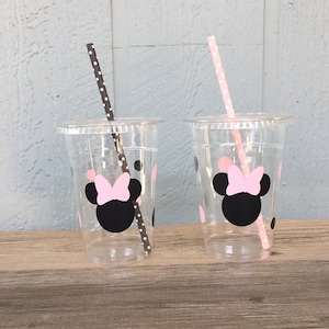 Minnie Mouse Party Cups - Light Pink & Black - Disposable Plastic Cups w/Lids+Straws -16oz.- Minnie Birthday - Choose Colors+Quantity, 10-20