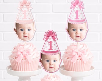 Pink Bow Birthday CUPCAKE TOPPERS - Baby Photo Face Party Decor - Girls Just Wanna Be One - Pink 1st Birthday - Girly Custom Face Picks-12pc