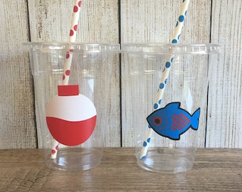 Fishing Party Cups - Fishing Birthday - The Big One - Fishing Bobber/Fish - Disposable Cups w/Lids and Straws - 16oz- Choose Quantity, 10-20