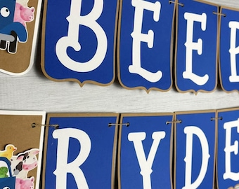 Banner de camión azul con nombre y edad - Banner de cumpleaños de camión azul - Fiesta de camiones - Fiesta de animales de granja - Banner de segundo cumpleaños - Decoración de cumpleaños de camión