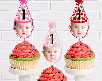 Watermelon Photo Face CUPCAKE TOPPERS - One In A Melon Birthday Decor -Pink/Red Watermelon Picks - Custom Face Toppers -Birthday Party Picks