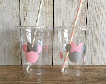 Minnie Party Cups - Light Pink & Silver - Disposable Plastic Cups w/Lids and Straws - 16oz. - Minnie Mouse Birthday - Choose Quantity, 10-20