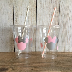 Minnie Party Cups - Light Pink & Silver - Disposable Plastic Cups w/Lids and Straws - 16oz. - Minnie Mouse Birthday - Choose Quantity 24-50