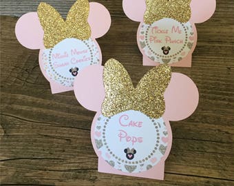 Minnie Mouse Food Labels - Light Pink & GOLD GLITTER - Custom Printed - Tent style cards for birthdays, showers, events - set of 12