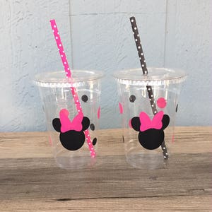 Minnie Mouse Party Cups - Hot Pink & Black - Disposable Plastic Cups w/Lids+Straws - 16oz. - Minnie Birthday - Choose Colors+Quantity, 10-20