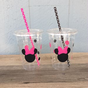 Minnie Mouse Party Cups Hot Pink & Black Disposable Plastic Cups w/LidsStraws 16oz. Minnie Birthday Choose ColorsQuantity, 24-50 image 1