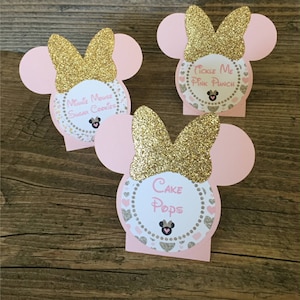 Minnie Mouse Food Labels - Light Pink & GOLD GLITTER - Custom Printed - Tent style cards for birthdays, showers, events - set of 12