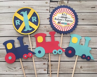 Train Birthday Centerpieces - DOUBLE-SIDED - Vintage Train Party - Navy/Aqua/Red/Yellow - Train Birthday, Railroad Party - Tabletop Decor