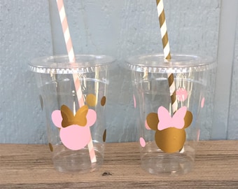 Minnie Mouse Party Cups - Light Pink & Gold - Disposable Plastic Cups w/Lids and Straws - 16oz. - Minnie Birthday - Choose Quantity, 10-20