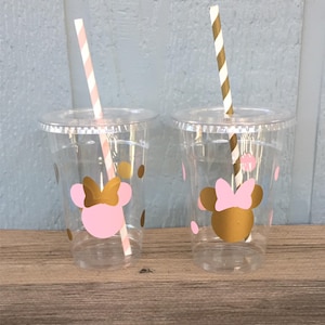 Minnie Mouse Party Cups - Light Pink & Gold - Disposable Plastic Cups w/Lids and Straws - 16oz. - Minnie Birthday - Choose Quantity, 10-20