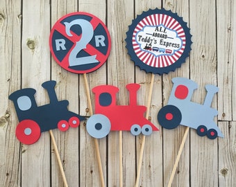 Train Birthday Centerpieces - DOUBLE-SIDED - Vintage Train Party - Navy/Light Blue/Red - Train Birthday, Railroad Party - Tabletop Decor
