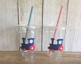 Train Party Cups - Red, Navy & Light Blue - Disposable Plastic Cups w/Lids and Straws - 16oz. - Train Birthday - Choose Quantity, 24-50