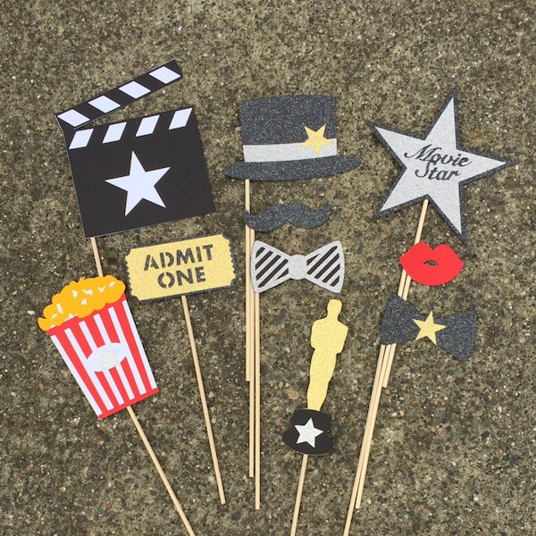 Movie Theme GLITTER Photo Props - Gold, Silver, Red & Black - set of 10 - Birthday Props, Photobooth Props, Party Props, Awards Party