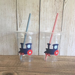 Train Party Cups Red, Navy & Light Blue Disposable Plastic Cups w/Lids and Straws 16oz. Train Birthday Choose Quantity, 24-50 image 1