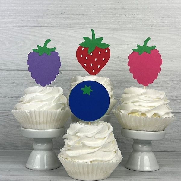 BERRY Cupcake Toppers - Mixed Berry Birthday - Strawberry, Blueberry, Blackberry, Raspberry- Cupcake Toppers - Sweet One -Berry Sweet -12pcs