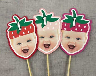 Strawberry Birthday Custom Face Cupcake Toppers - Berry 1st Birthday - Face Toppers - Strawberry Party - Strawberry Hat Toppers - 12 per set