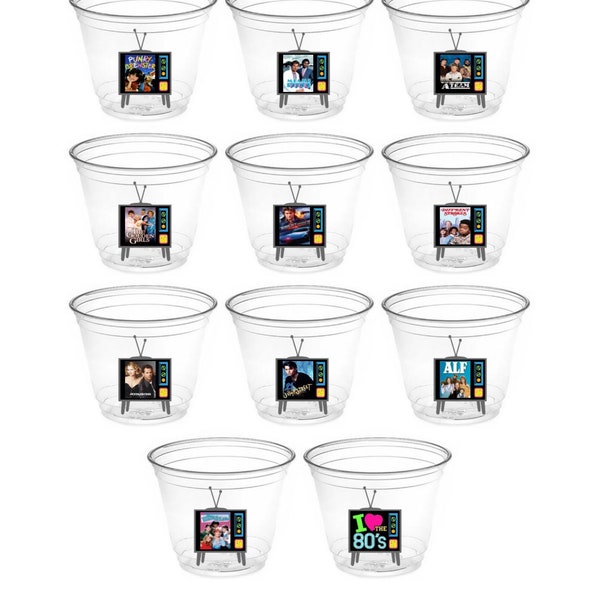 80's TV Shows Party Cups - 1980's Party - Disposable Plastic Cups, 9oz - Iconic 80's Shows - 80's Theme Treat Cups - I love the 80's Party