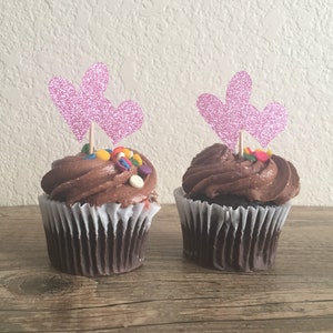 Double Heart Cupcake Toppers - Love Picks - Glitter Heart Toppers - Baby Shower - Engagement - Wedding - CHOOSE COLOR - Cupcake Picks -12 pc