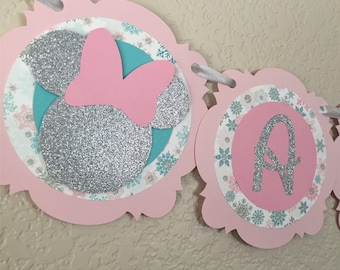 NAME Banner - Minnie Mouse Banner - Minnie Winter Wonderland Birthday - Snowflake Banner - Birthday Decor - Baby Shower - Silver/Pink/Aqua