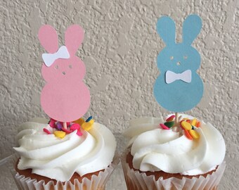 Bunny Cupcake Toppers - Bunny Gender Reveal Cupcake Toppers - Spring Gender Reveal Baby Shower - Boy or Girl - Baby Bunny Shower - set of 12