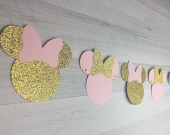 Pink & Gold Glitter Minnie Mouse Garland - Minnie Mouse Birthday - Oh Twodles Decor - Pink/Gold Minnie Decor - Minnie Mouse Baby Shower